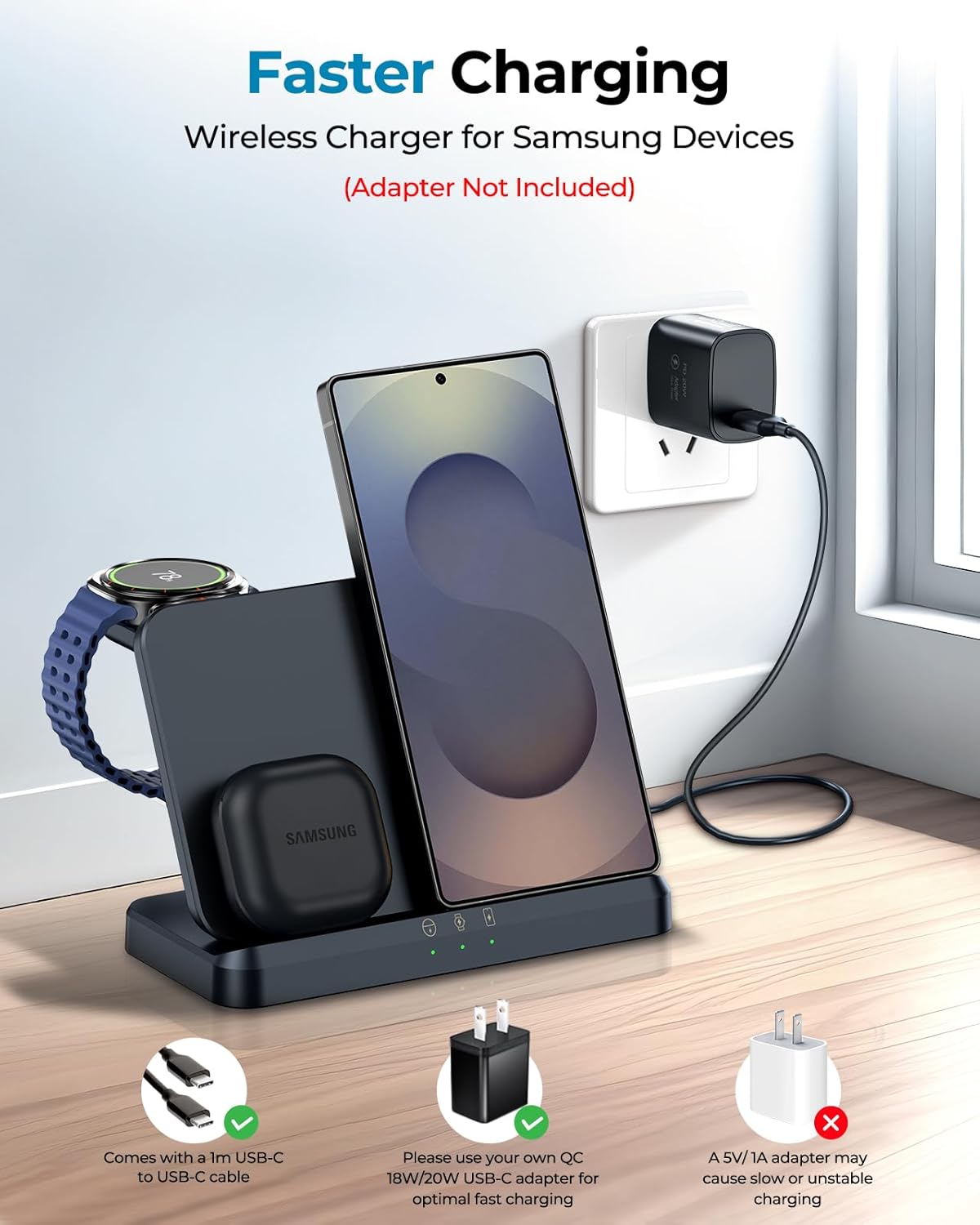 EGV Wireless Charger for Samsung – 3 in 1 Wireless Charging Station for Galaxy S25 Ultra S24 S23, Z Fold Flip 7/6, Detachable Watch Charger for Galaxy Ultra 8/7, Foldable, No Adapter, White - Image 7