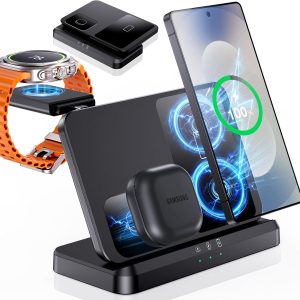 EGV Induktive Ladestation für Samsung – 3-in-1 Wireless Charger kompatibel mit Galaxy S25 Ultra/S24/S23, Z Fold/Flip 7/6, Buds, Abnehmbares Ladegerät für Galaxy Watch Ultra/8/7, Kein Adapter