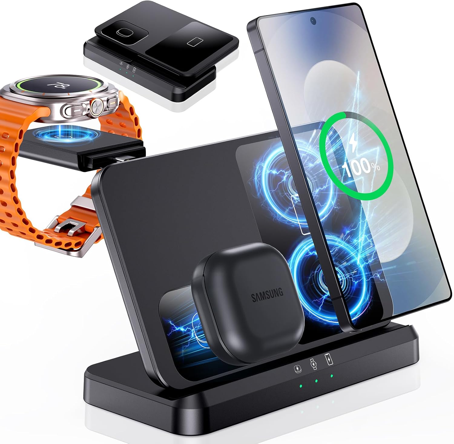 EGV Induktive Ladestation für Samsung – 3-in-1 Wireless Charger kompatibel mit Galaxy S25 Ultra/S24/S23, Z Fold/Flip 7/6, Buds, Abnehmbares Ladegerät für Galaxy Watch Ultra/8/7, Kein Adapter