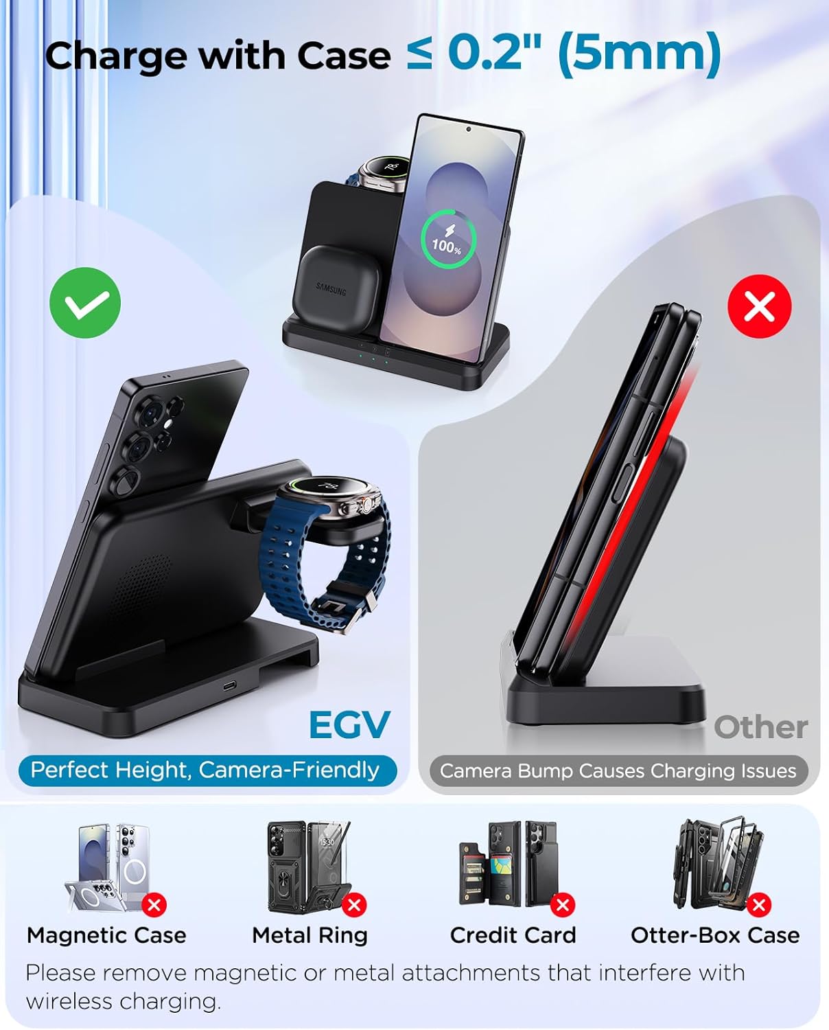 EGV Wireless Charger for Samsung – 3 in 1 Wireless Charging Station for Galaxy S25 Ultra S24 S23, Z Fold Flip 7/6, Detachable Watch Charger for Galaxy Ultra 8/7, Foldable, No Adapter, White - Image 2