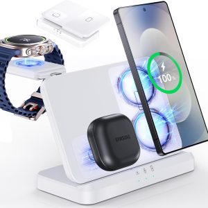 EGV Wireless Charger for Samsung – 3 in 1 Wireless Charging Station for Galaxy S25 Ultra S24 S23, Z Fold Flip 7/6, Detachable Watch Charger for Galaxy Ultra 8/7, Foldable, No Adapter, White