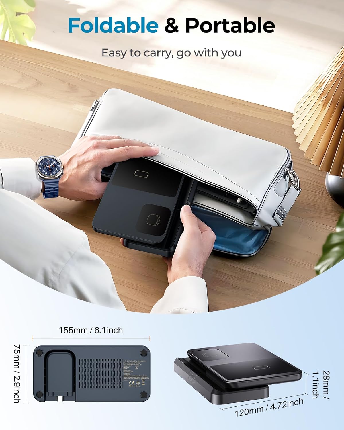 EGV Wireless Charger for Samsung – 3 in 1 Wireless Charging Station for Galaxy S25 Ultra S24 S23, Z Fold Flip 7/6, Detachable Watch Charger for Galaxy Ultra 8/7, Foldable, No Adapter, White - Image 3