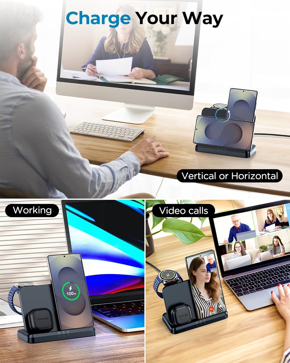 EGV Wireless Charger for Samsung – 3 in 1 Wireless Charging Station for Galaxy S25 Ultra S24 S23, Z Fold Flip 7/6, Detachable Watch Charger for Galaxy Ultra 8/7, Foldable, No Adapter, White - Image 4