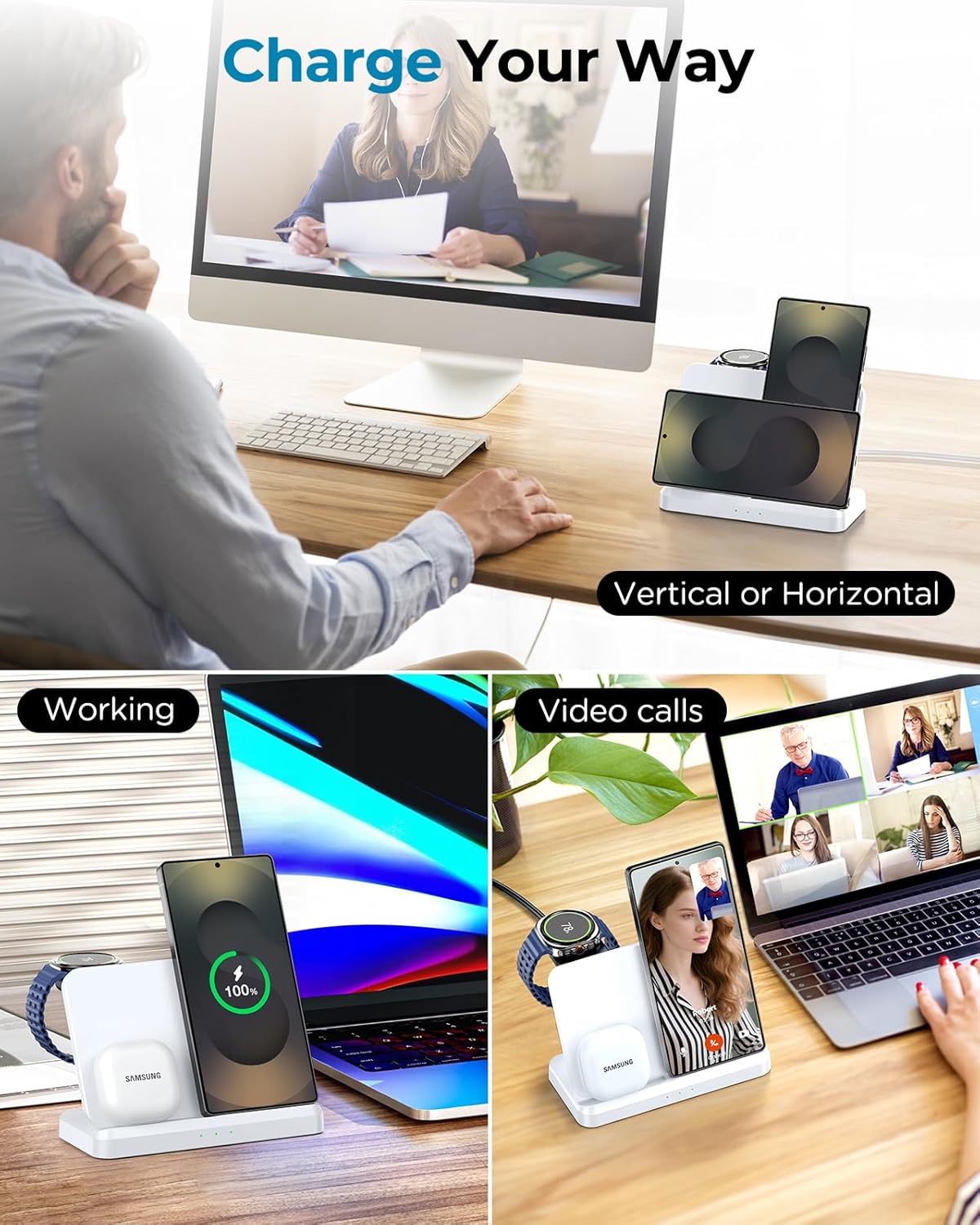 EGV Induktive Ladestation für Samsung – 3-in-1 Wireless Charger kompatibel mit Galaxy S25 Ultra/S24/S23, Z Fold/Flip 7/6, Buds, Abnehmbares Ladegerät für Galaxy Watch Ultra/8/7, Kein Adapter, Weiß - Image 4