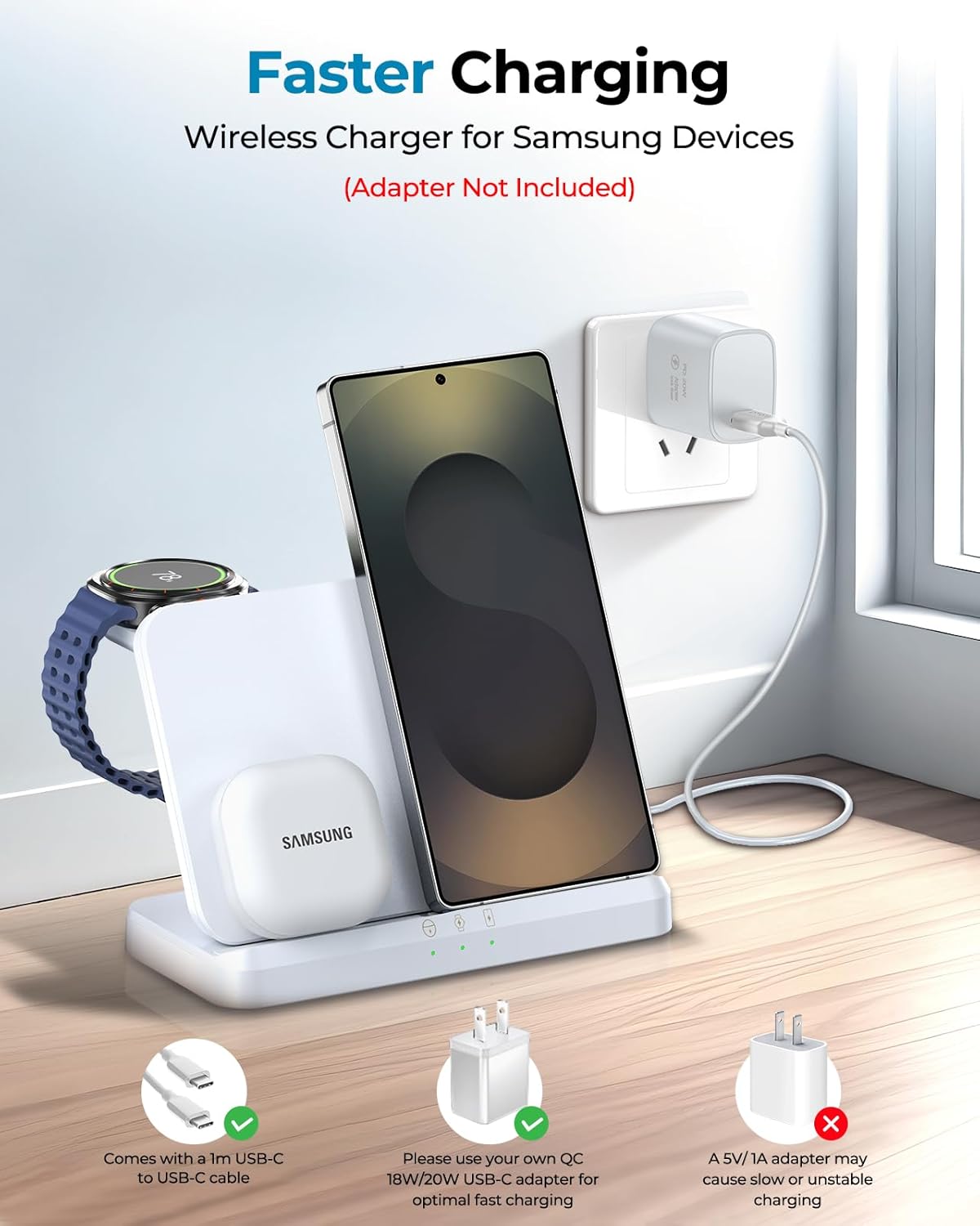 EGV Wireless Charger for Samsung – 3 in 1 Wireless Charging Station for Galaxy S25 Ultra S24 S23, Z Fold Flip 7/6, Detachable Watch Charger for Galaxy Ultra 8/7, Foldable, No Adapter, White - Image 6