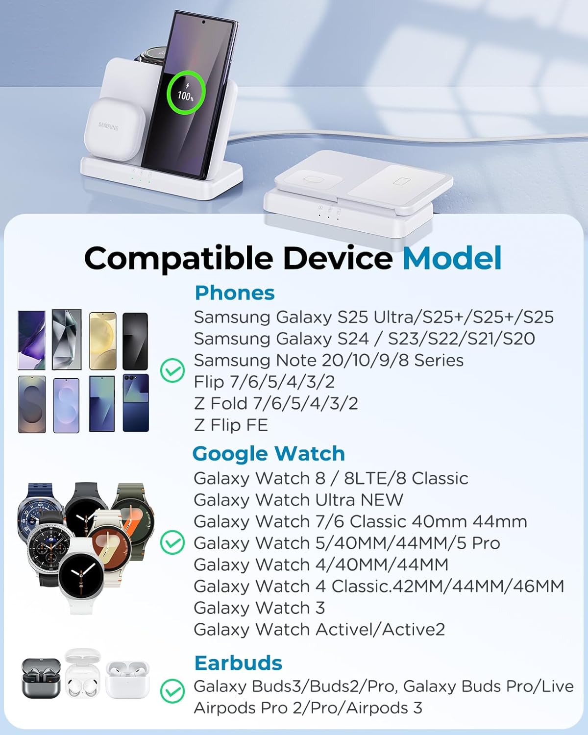 EGV Induktive Ladestation für Samsung – 3-in-1 Wireless Charger kompatibel mit Galaxy S25 Ultra/S24/S23, Z Fold/Flip 7/6, Buds, Abnehmbares Ladegerät für Galaxy Watch Ultra/8/7, Kein Adapter, Weiß - Image 7