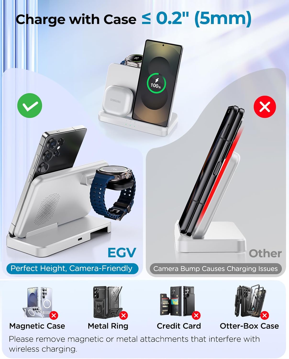 EGV Induktive Ladestation für Samsung – 3-in-1 Wireless Charger kompatibel mit Galaxy S25 Ultra/S24/S23, Z Fold/Flip 7/6, Buds, Abnehmbares Ladegerät für Galaxy Watch Ultra/8/7, Kein Adapter, Weiß - Image 2