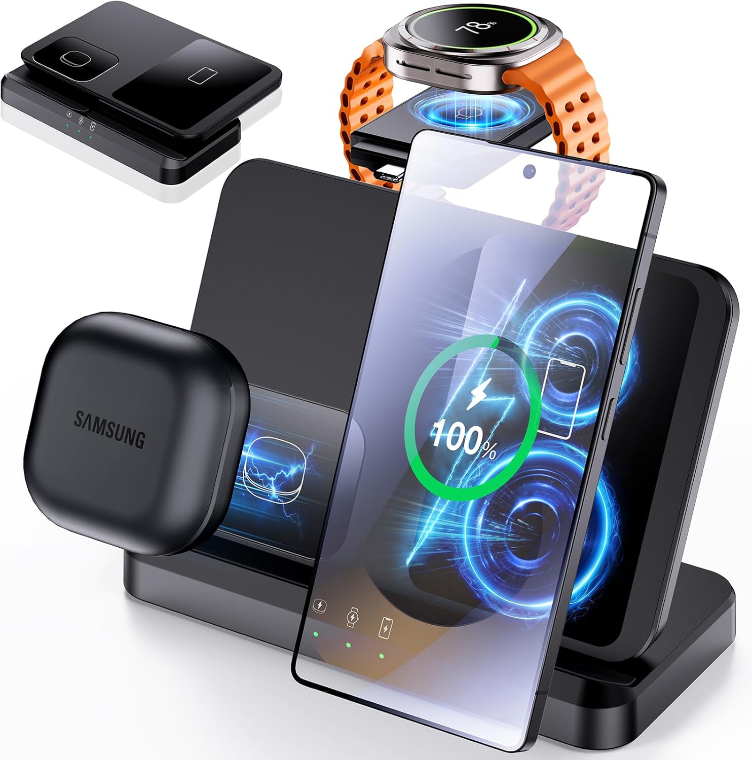 EGV Induktive Ladestation für Samsung – 3-in-1 Wireless Charger kompatibel mit Galaxy S25 Ultra/S24/S23, Z Fold/Flip 7/6, Buds, Abnehmbares Ladegerät für Galaxy Watch Ultra/8/7, Kein Adapter - Image 2