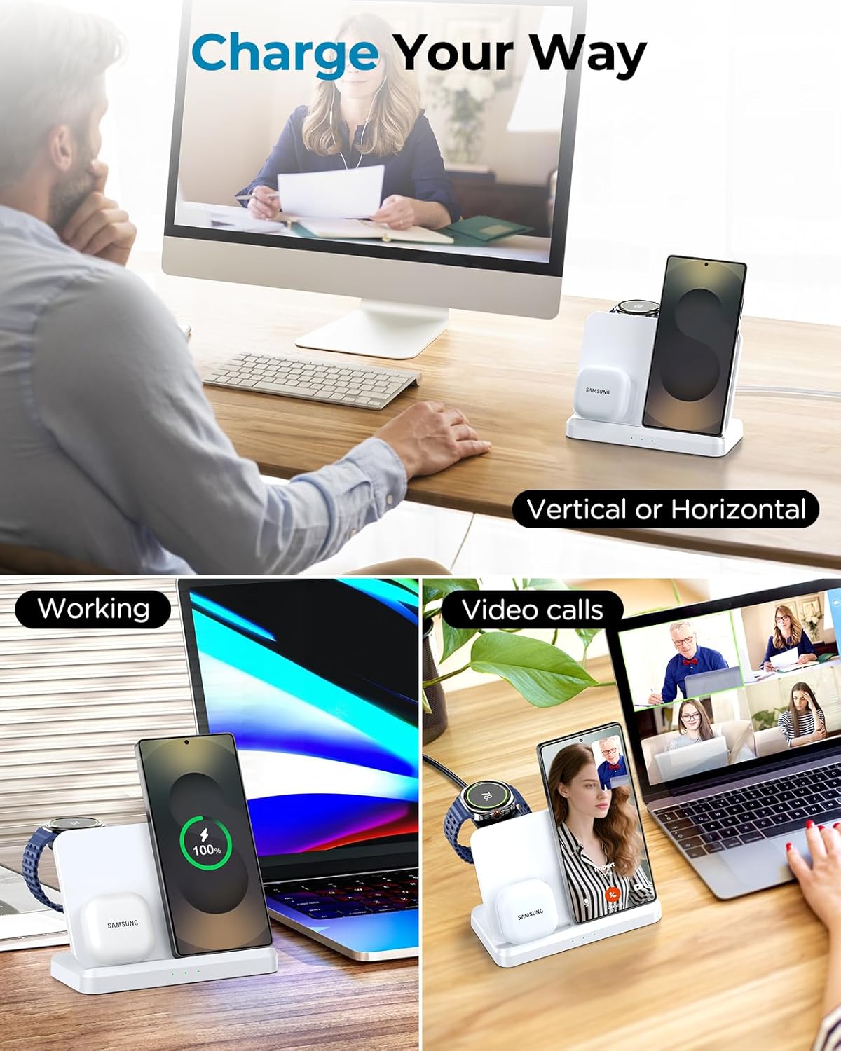 EGV Wireless Charger for Samsung – 3 in 1 Wireless Charging Station for Galaxy S25 Ultra S24 S23, Z Fold Flip 7/6, Detachable Watch Charger for Galaxy Ultra 8/7, Foldable, No Adapter, White - Image 7