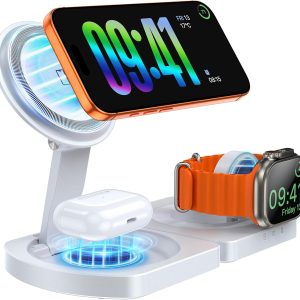 Induktive Ladestation für Apple, MagSafe-kompatible iPhone ladegerät für iPhone 17 Air/16/15/14/13/12 Serie, 3-in-1 Wireless Charger für Apple Watch Serie 10–3 und AirPods, Kein Adapter, Weiß