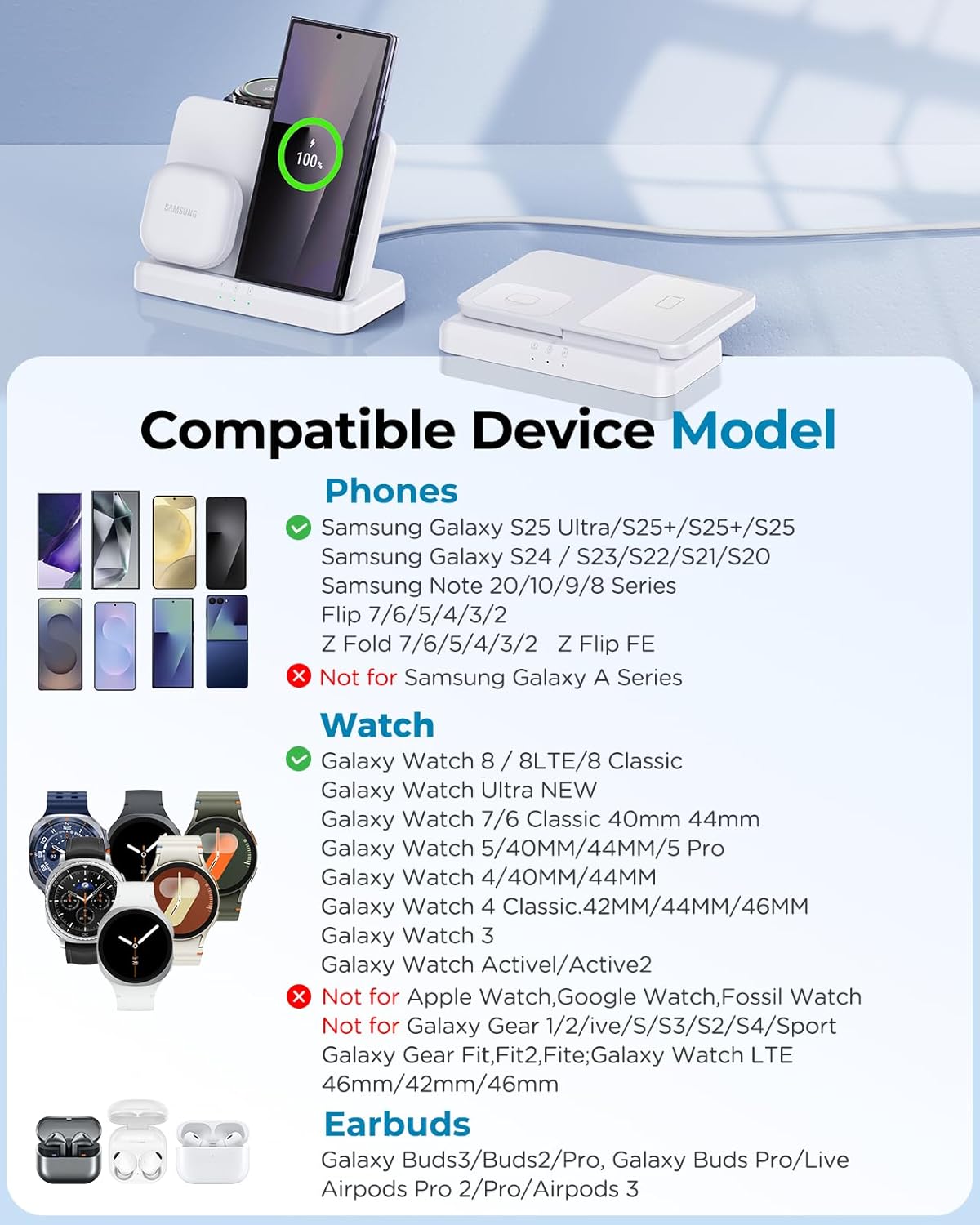 EGV Wireless Charger for Samsung – 3 in 1 Wireless Charging Station for Galaxy S25 Ultra S24 S23, Z Fold Flip 7/6, Detachable Watch Charger for Galaxy Ultra 8/7, Foldable, No Adapter, White - Image 6