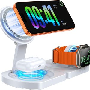 EGV Wireless Charger for iPhone, 3-in-1 Magnetic Charging Station for Apple, MagSafe Charger Stand for iPhone 17 Air 16 15 14 13 12 Series, Airpods Pro, Apple Watch Ultra, Foldable, No Adapter, White