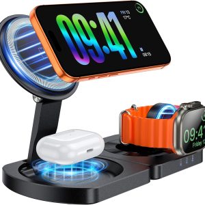EGV Wireless Charger for iPhone, 3-in-1 Magnetic Charging Station for Apple, MagSafe Charger Stand for iPhone 17 Air 16 15 14 13 12 Series, Airpods Pro, Apple Watch Ultra, Foldable, No Adapter, Black