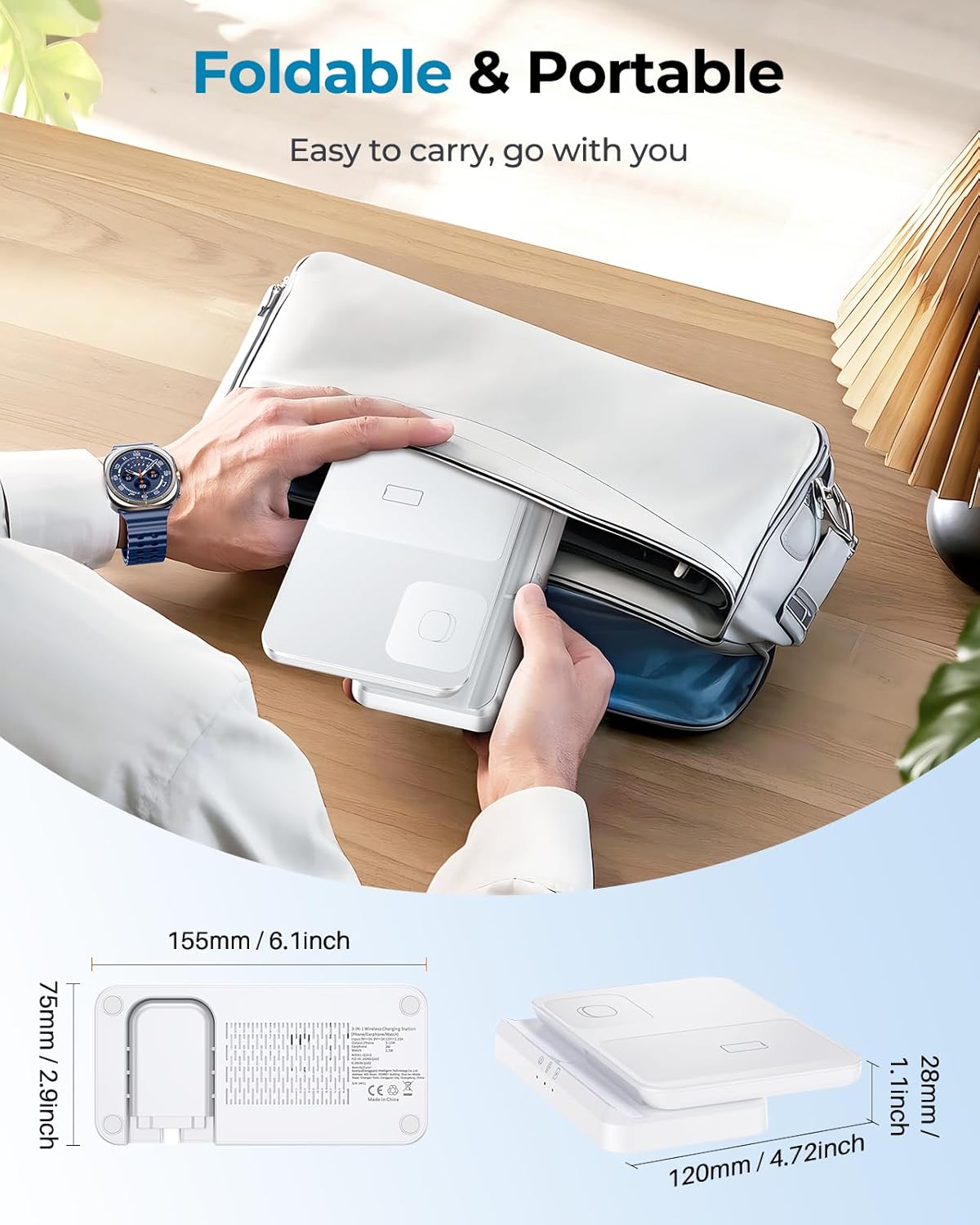 EGV Wireless Charger for Samsung – 3 in 1 Wireless Charging Station for Galaxy S25 Ultra S24 S23, Z Fold Flip 7/6, Detachable Watch Charger for Galaxy Ultra 8/7, Foldable, No Adapter, White - Image 2