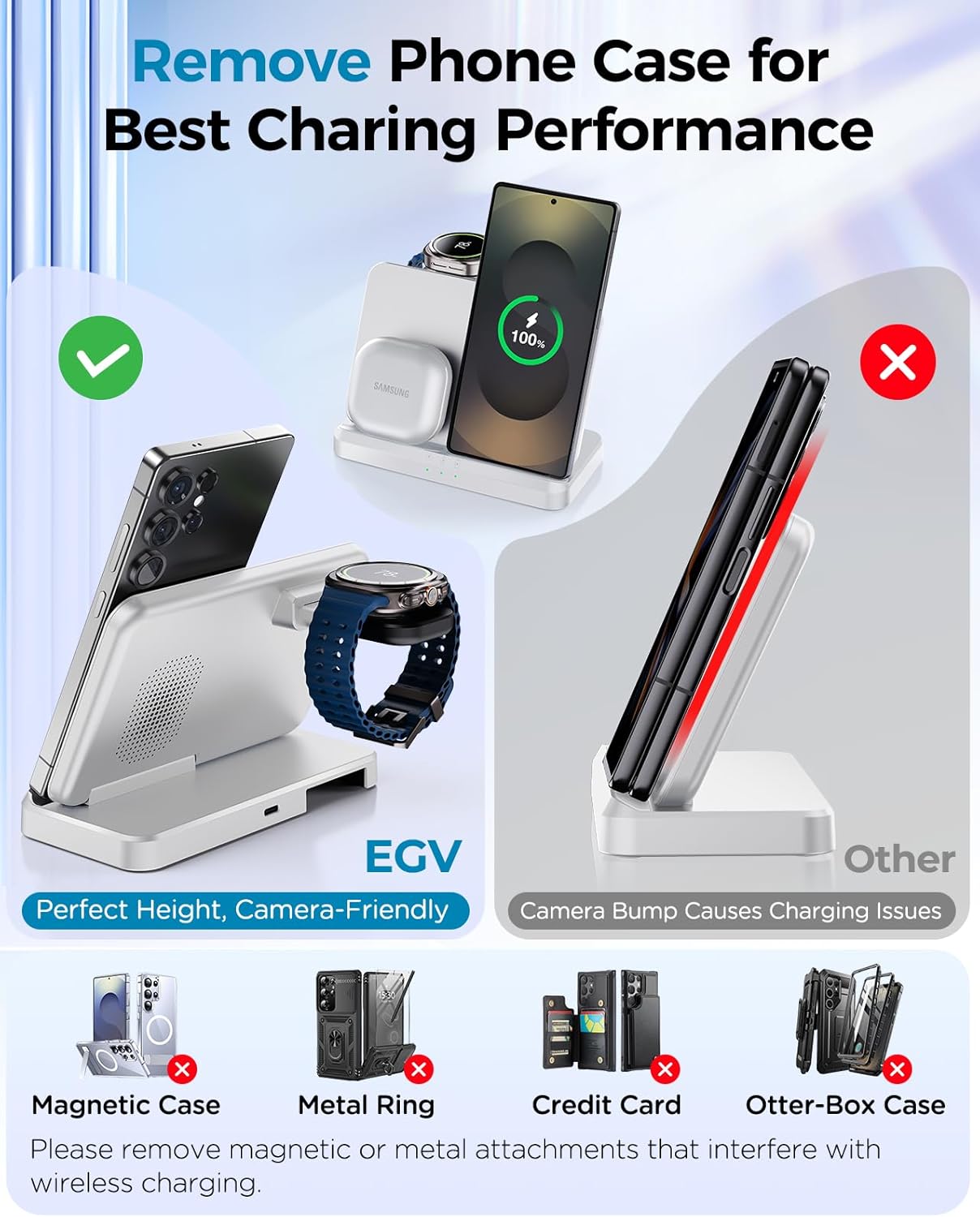 EGV Wireless Charger for Samsung – 3 in 1 Wireless Charging Station for Galaxy S25 Ultra S24 S23, Z Fold Flip 7/6, Detachable Watch Charger for Galaxy Ultra 8/7, Foldable, No Adapter, White - Image 5