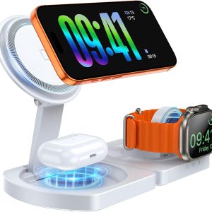 EGV Wireless Charger for iPhone, 3-in-1 Magnetic Charging Station for Apple, MagSafe Charger Stand for IPhone 17 Air 16 15 14 13 12 Series, Airpods Pro, Apple Watch Ultra, Foldable, No Adapter, White