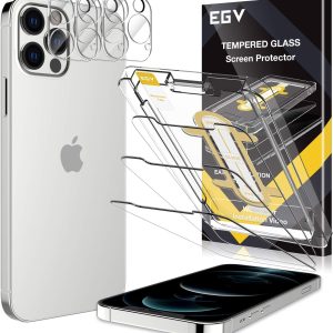 EGV Screen Protector compatible with iPhone 12 Pro Max 6.7 Inch, 6 Pack, 3 Tempered Glass Film and 3 Camera Lens Protector, Anti-Scratch, Case-Friendly, Easy Installation Frame
